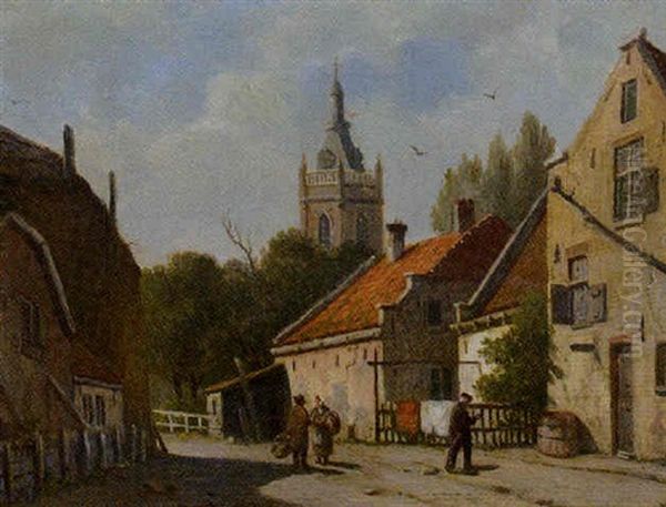 A Sunlit Village With Figures Conversing, A Churchspire In The Distance Oil Painting by Adrianus Eversen