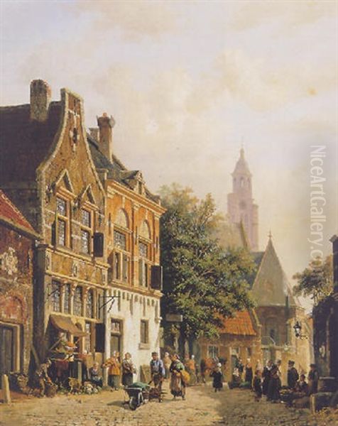 Figures On A Dutch Townsquare Oil Painting by Adrianus Eversen