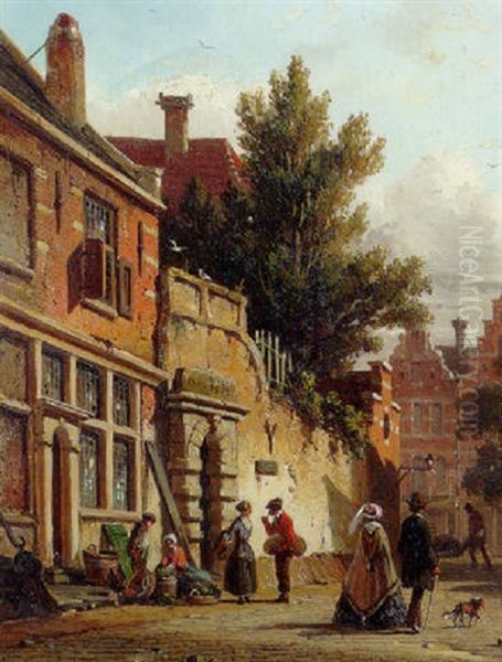 A Town View With A Man Selling Vegetables And A Couple Passing By Oil Painting by Adrianus Eversen