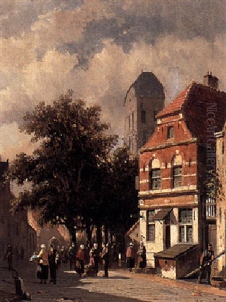 Figures On A Townsquare Oil Painting by Adrianus Eversen