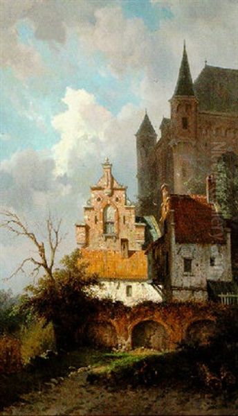 Dutch Townscape With Figure And Dog Oil Painting by Adrianus Eversen