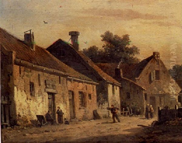 A Village Scene Oil Painting by Adrianus Eversen