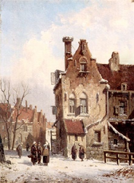 Gathering On A Town Street, Winter Oil Painting by Adrianus Eversen