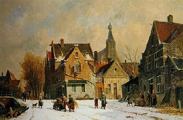 A Townscene In Winter Oil Painting by Adrianus Eversen