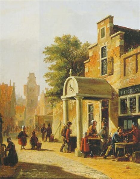 Stadsgezicht Met Figuren Bij Een Taveerne Oil Painting by Adrianus Eversen