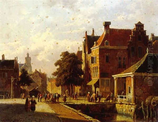 A View In A Town With Villagers On A Market Square Oil Painting by Adrianus Eversen