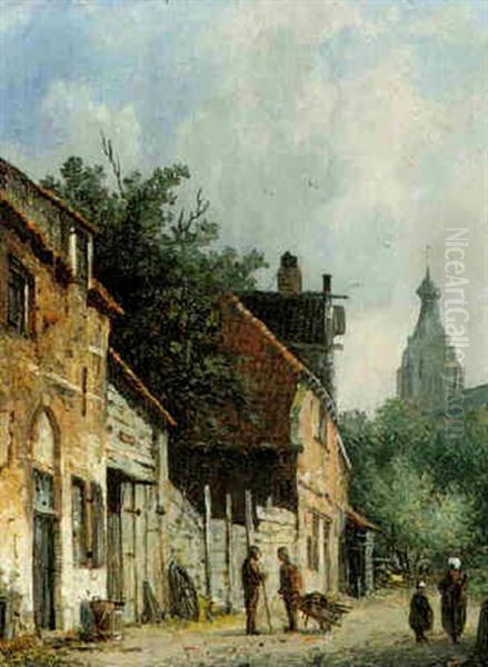 A Street Scene In Delft Oil Painting by Adrianus Eversen