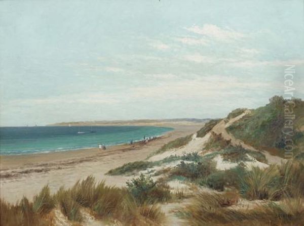 Figures On A Beach With Sand Dunes To The Foreground Oil Painting by James Ashton