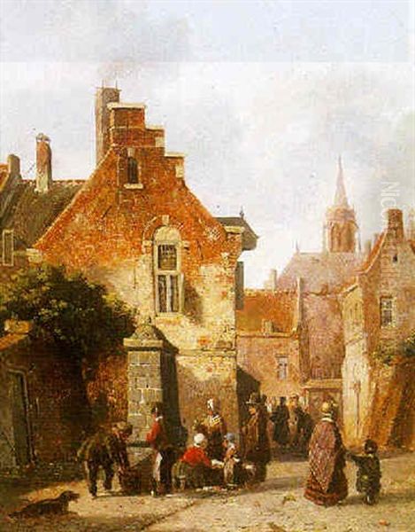 A Street Scene With Figures By A Waterpump Oil Painting by Adrianus Eversen