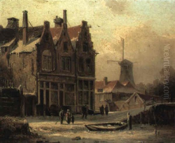 Figures In A Winter Street Scene Before A Canal Oil Painting by Adrianus Eversen