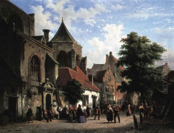 Figures In A Dutch Street Scene Oil Painting by Adrianus Eversen