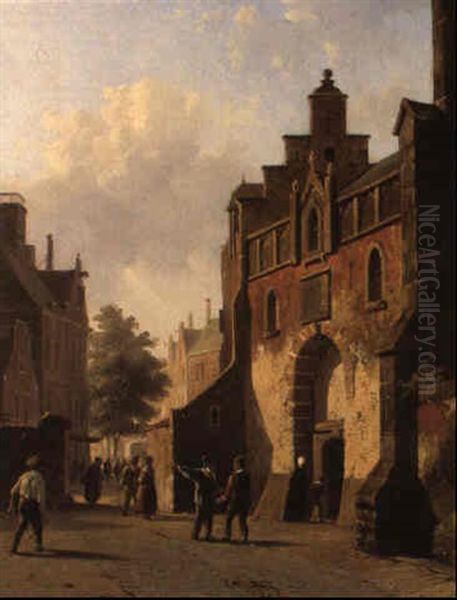 Villagers On A Town Square Oil Painting by Adrianus Eversen