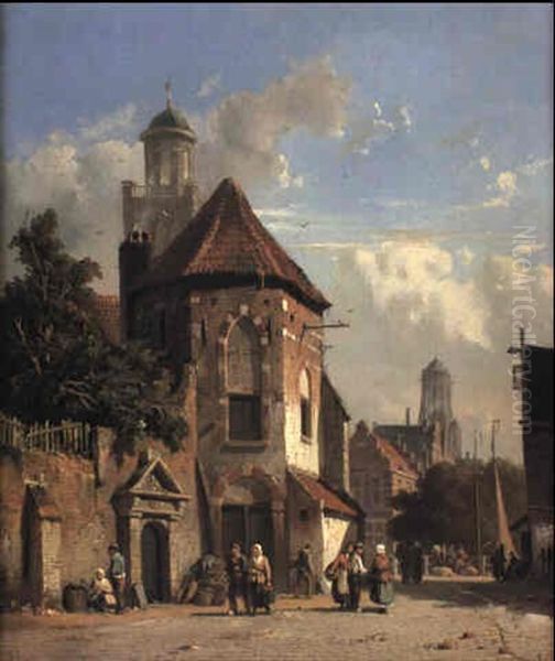 Dutch Street Scene With Figures Oil Painting by Adrianus Eversen