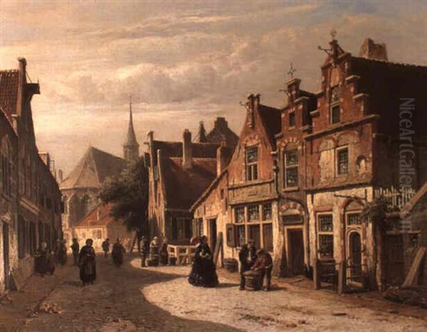 Dutch Street Scene With Figures Oil Painting by Adrianus Eversen