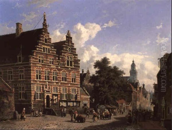 Dutch Street Scene With Figures Oil Painting by Adrianus Eversen