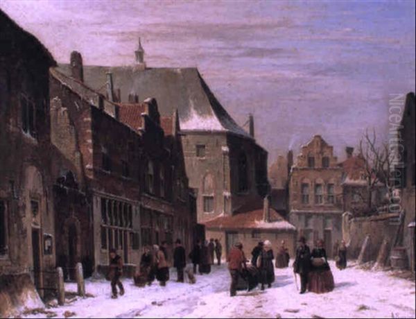 Figures In A Dutch Street, Winter Oil Painting by Adrianus Eversen