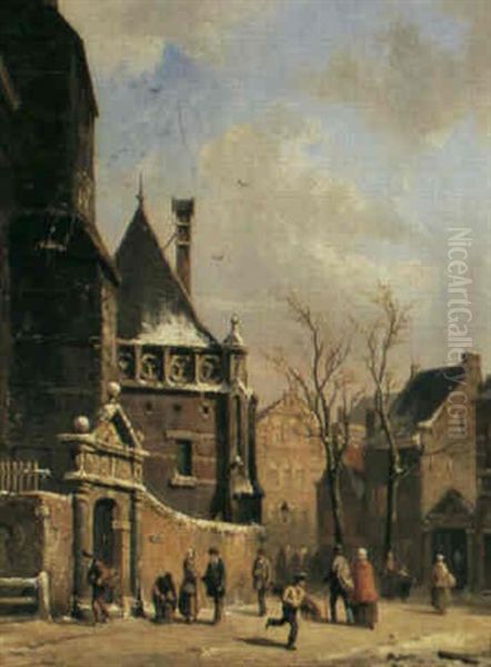 A Dutch Town On A Sunny Day In Winter Oil Painting by Adrianus Eversen