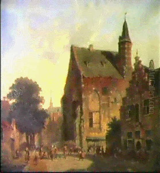 Busy Street Scene With Figures Before A Church Oil Painting by Adrianus Eversen