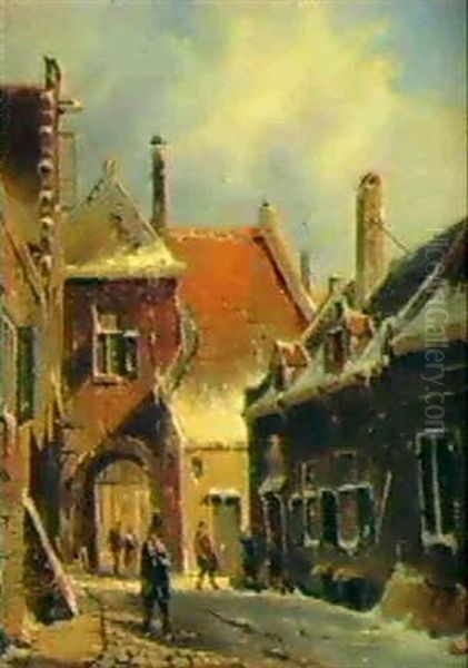 A Dutch Street Scene Under Snow Oil Painting by Adrianus Eversen