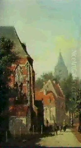 Figures By A Church Oil Painting by Adrianus Eversen