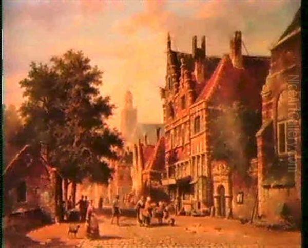 A View In A Town With Several Figures In A Street Oil Painting by Adrianus Eversen