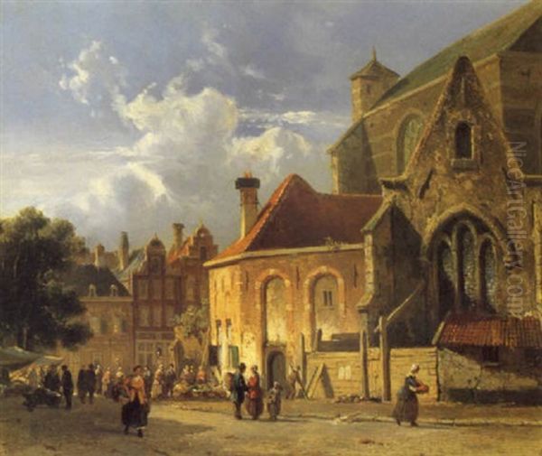 Markt In Einer Hollandischen Stadt Oil Painting by Adrianus Eversen