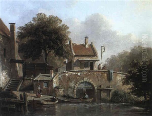 Figures On A Bridge Overlooking A Canal Oil Painting by Adrianus Eversen