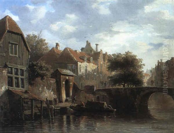 A Barge Being Moored By A Bridge Oil Painting by Adrianus Eversen