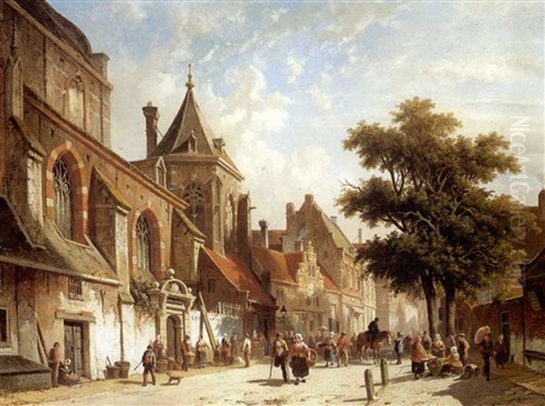 A Busy Street Scene Oil Painting by Adrianus Eversen