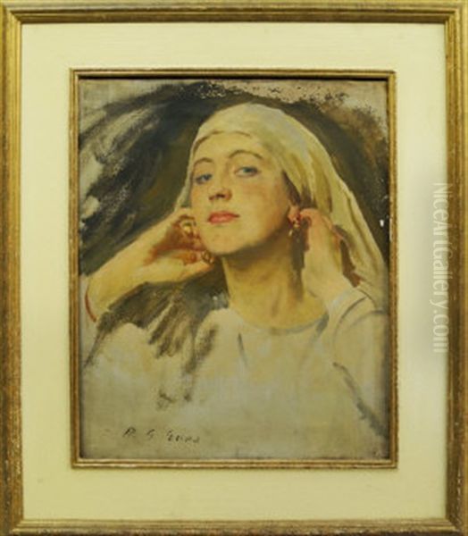 Portrait Of A Woman, Quarter-length Wearing A Head Scarf Oil Painting by Reginald Grenville Eves