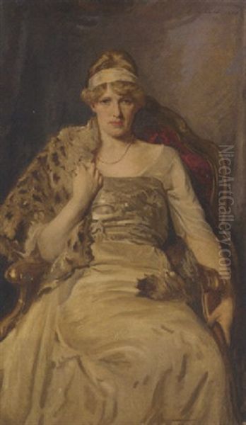 Portrait Of A Lady In A White Dress And Fur Shawl Oil Painting by Reginald Grenville Eves