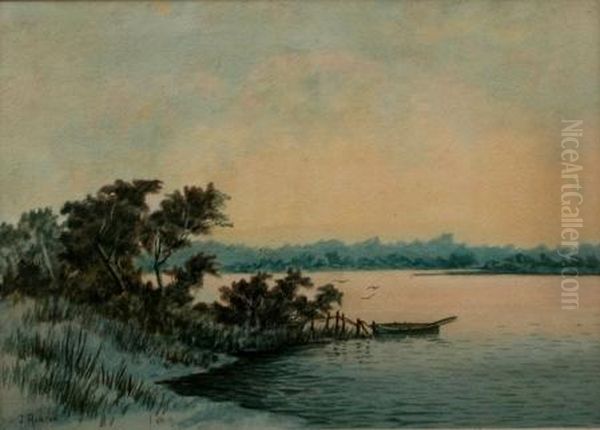 boat By A Lakeside Jetty Oil Painting by James Ashton