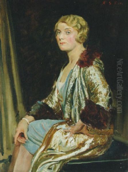 Portrait Of A Lady In A Blue Dress And White Fur-trimmed Robe, In An Interior Oil Painting by Reginald Grenville Eves