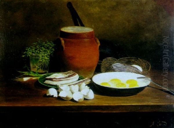 A Still Life With Eggs, Bacon And Green Onions Oil Painting by Adele Evrard