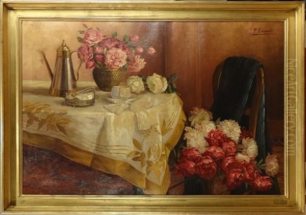 Vue D'interieur Aux Fleurs Oil Painting by Paula Evrard