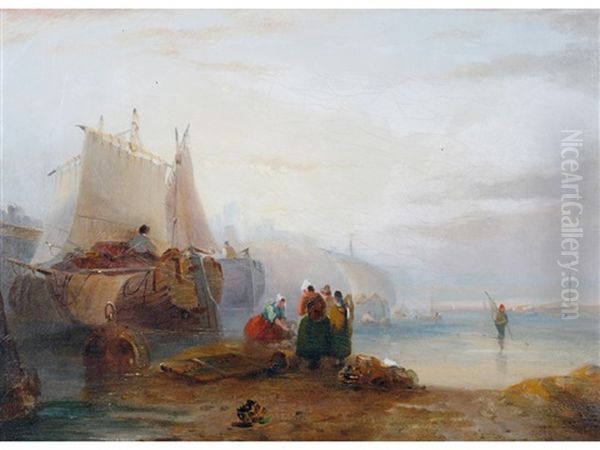 Fisherfolk And Boats On A Coastline Oil Painting by John Wilson Ewbank