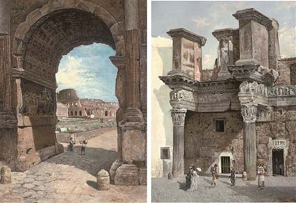 The Colosseum Seen Through The Arch Of Titus (+ A Bread Shop In The Roman Forum; Pair) Oil Painting by George Edwin Ewing