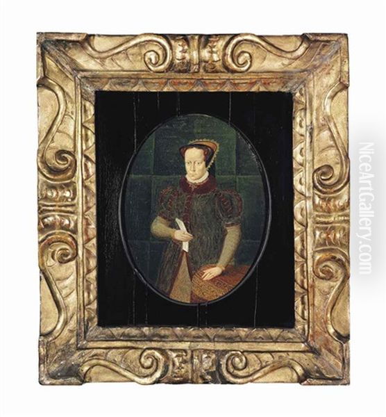 Portrait Of Mary I, Queen Of England (1516-1558), Small Three-quarter-length, In A Dark Red Coat With Fur Collar, Holding A Letter At A Draped Table Oil Painting by Hans Eworth