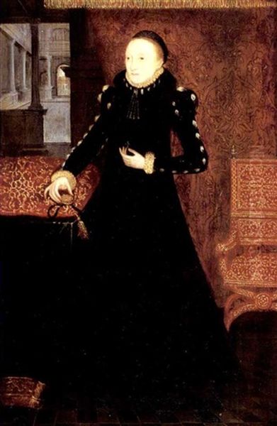 Portrait Of A Lady (katherine, Duchess Of Suffolk?) Holding A Locket In Her Right Hand, A Cloth Of Honour Behind Oil Painting by Hans Eworth