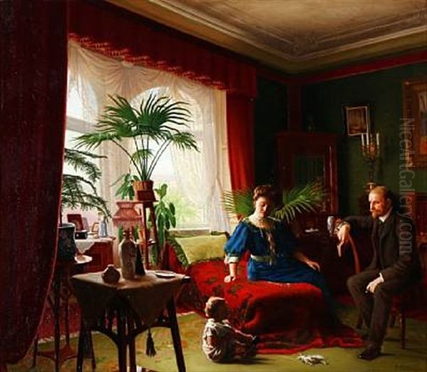 Victorian Interior With A Family Oil Painting by Aage Sofus Exner