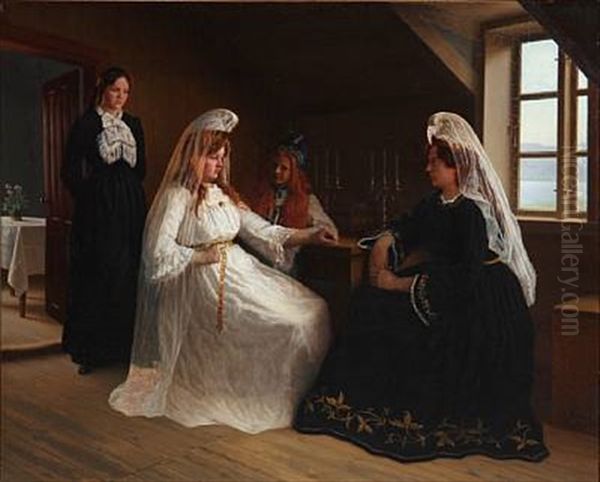 Interior From Iceland With A Bride And Other Women Oil Painting by Aage Sofus Exner