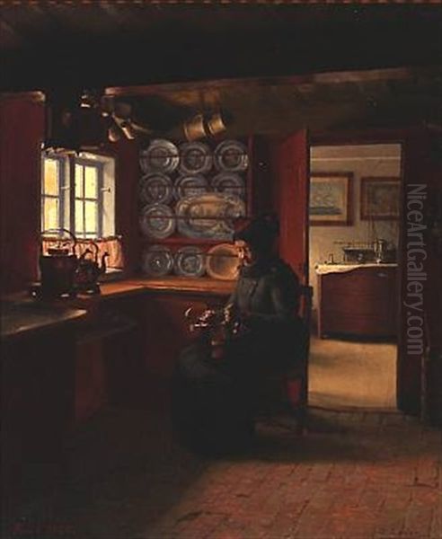 Interior With A Fano Woman Polishing A Kettle Oil Painting by Aage Sofus Exner