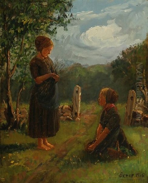 Two Young Neighbours Meet At A Field Boundary Oil Painting by Johann Julius Exner