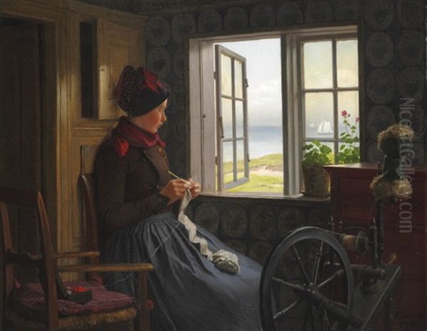 A Girl With Her Crocket Work Near An Open Window Oil Painting by Johann Julius Exner