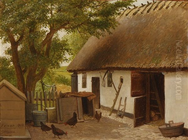 Hens Pecking Corn At The Court Yard Oil Painting by Johann Julius Exner