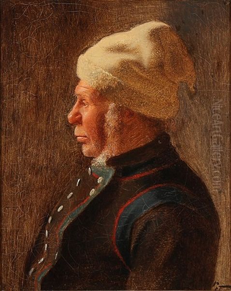 Profile Portrait Of An Amager Farmer Wearing A Woolly Hat Oil Painting by Johann Julius Exner