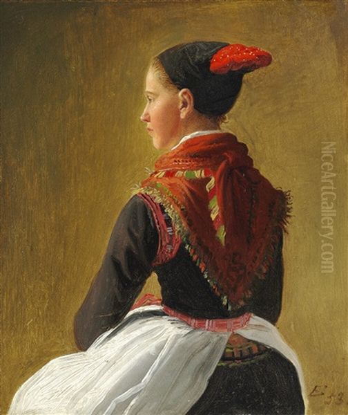 A Girl From Store Magleby Wearing Her Amager Costume Oil Painting by Johann Julius Exner