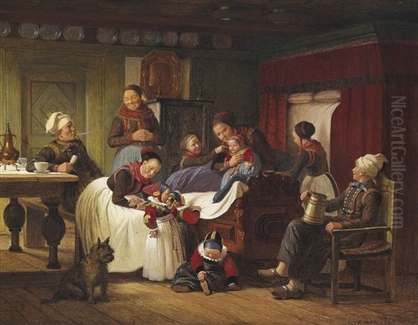 Young Cousins Visiting The Newborn Oil Painting by Johann Julius Exner