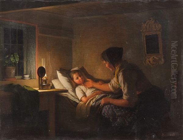 Am Krankenbett Des Kindes Oil Painting by Johann Julius Exner