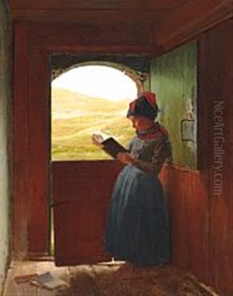 A Girl From Fano Standing In The Doorway, Reading A Book Oil Painting by Johann Julius Exner